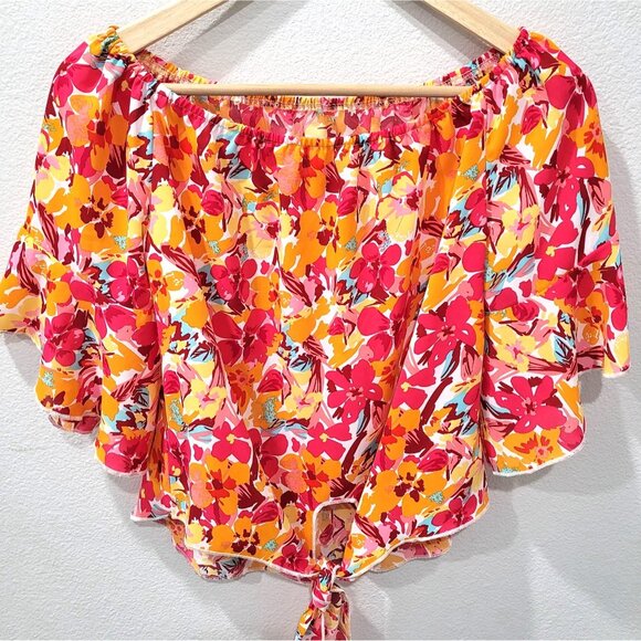 Shein Floral Off-Shoulder Tie-Front Cropped Top with Bell Sleeves Size M - Picture 1 of 8